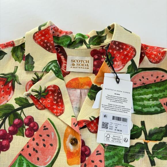 Scotch & Soda Girls Fruit Printed Linen Blend Button Up Shirt Kids Size 16 NWT - Picture 4 of 8